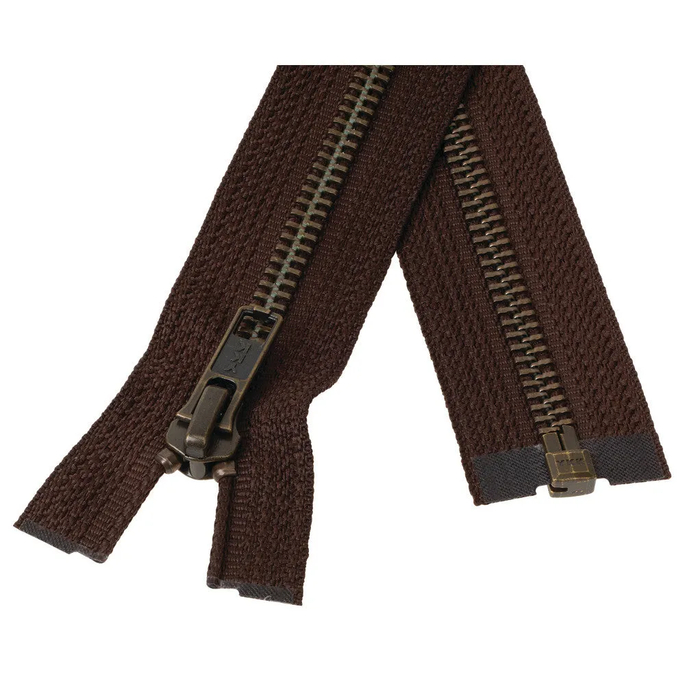 #5 Metal, Brown, 30" YKK Separating Bomber Jacket Zipper with Antique Brass Teeth, #6BJ-30-BRO-ANT
