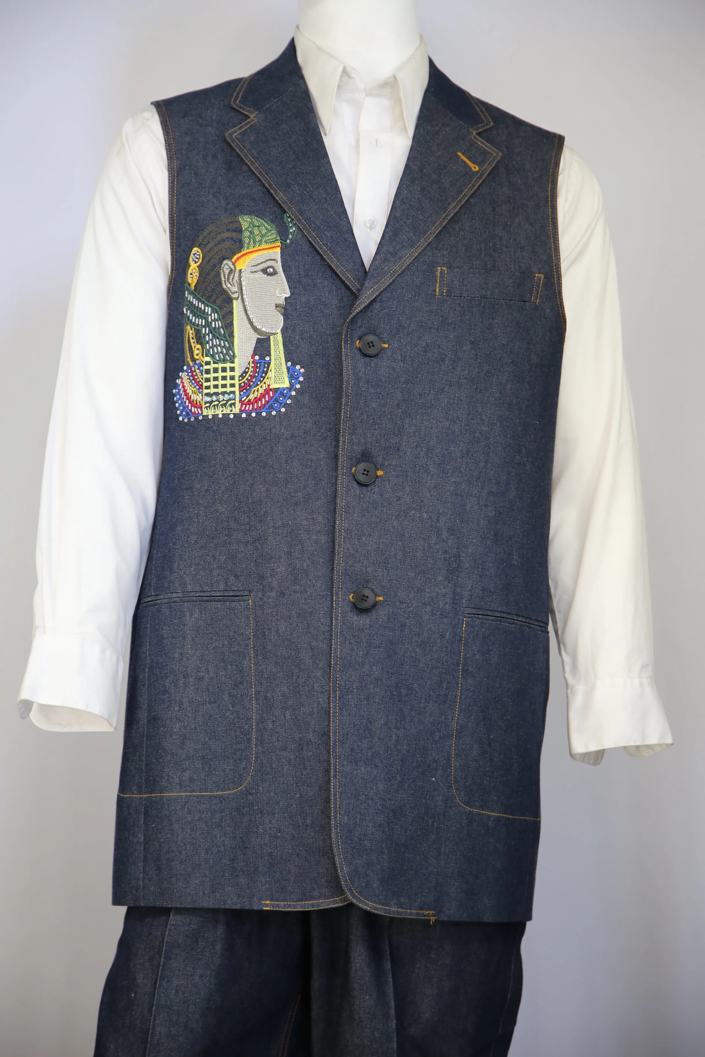 Egyptian Embroidered Denim 2pc Zoot Suit Vest Set