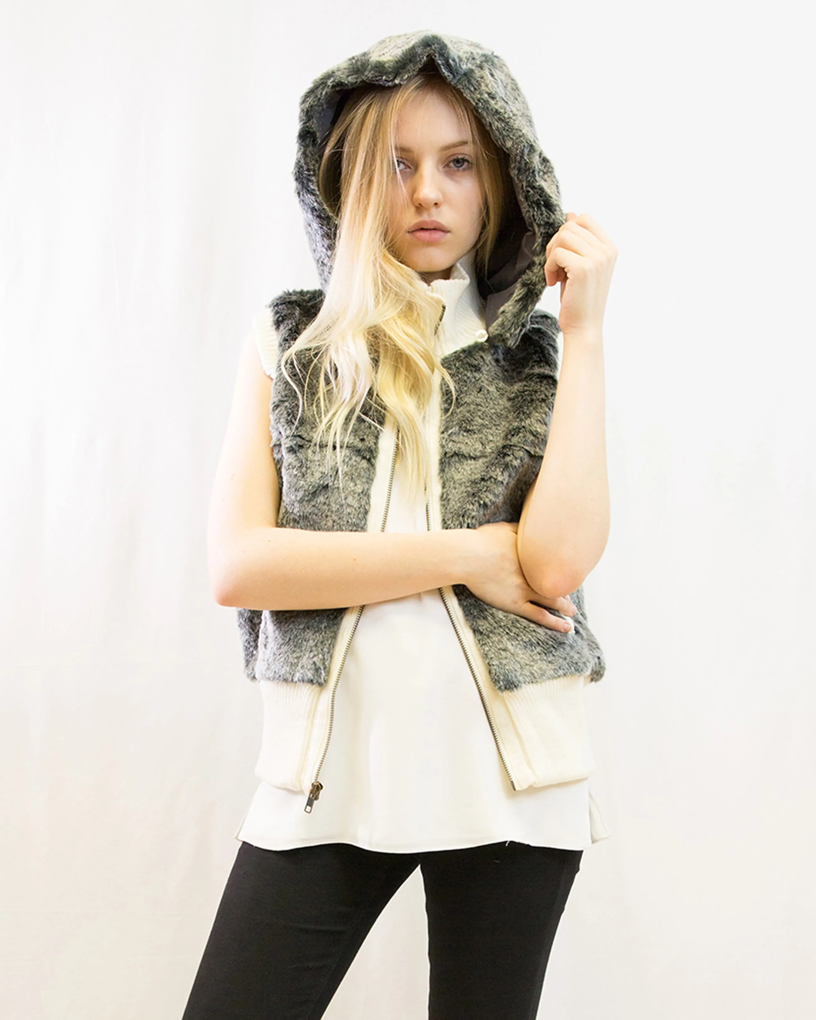 Fuax Fur Short Gilet with removeable hoody (Green)