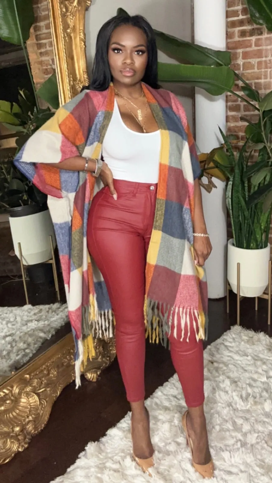 Plaid Fringed Poncho - Red